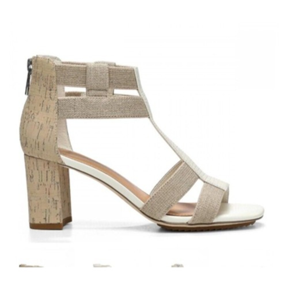 Donald Pliner Sandals White Beige Stretch Strappy Cork Heel Womens 11M Excellent